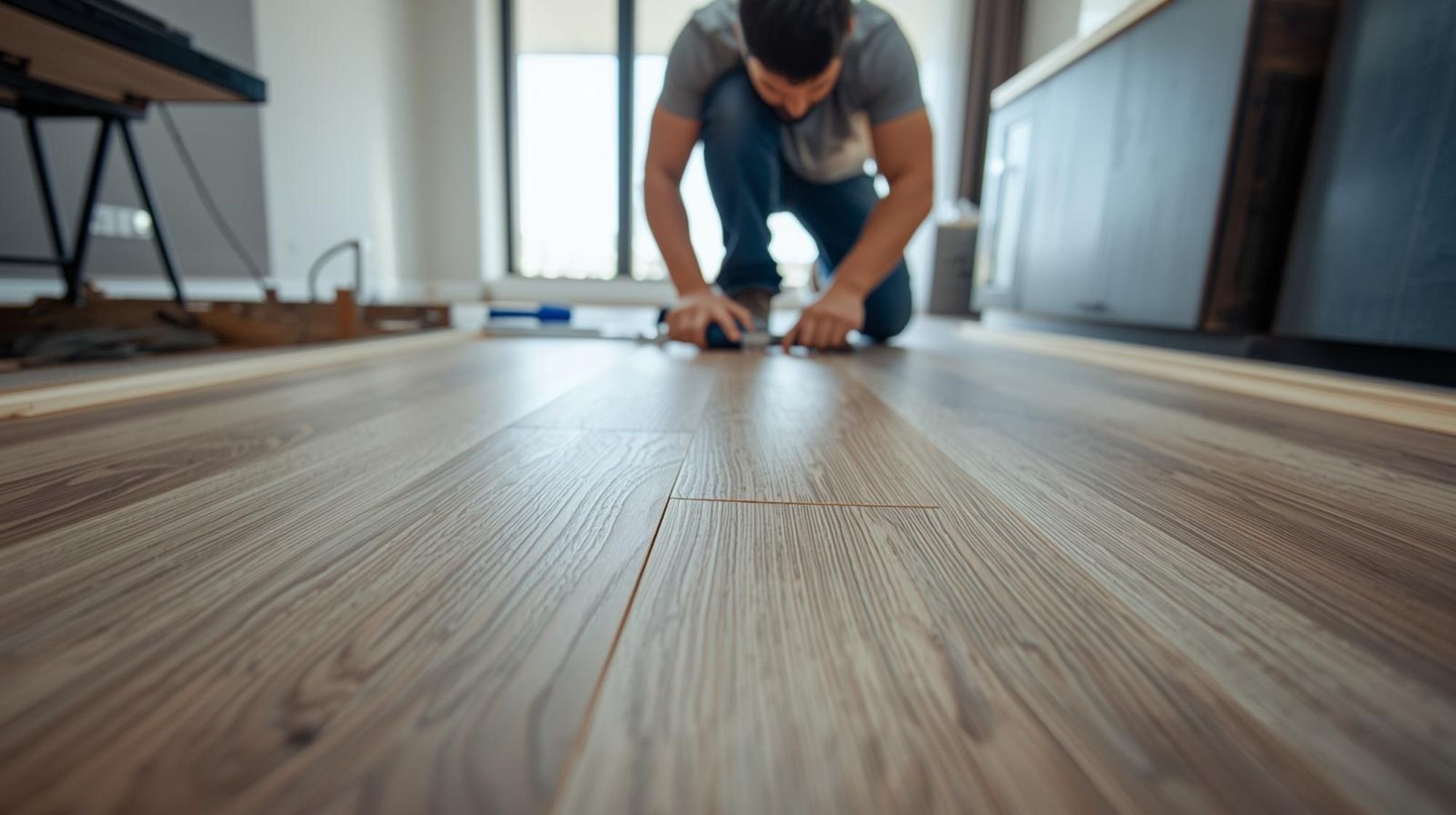 A flooring professional installing lvt in a kitchen