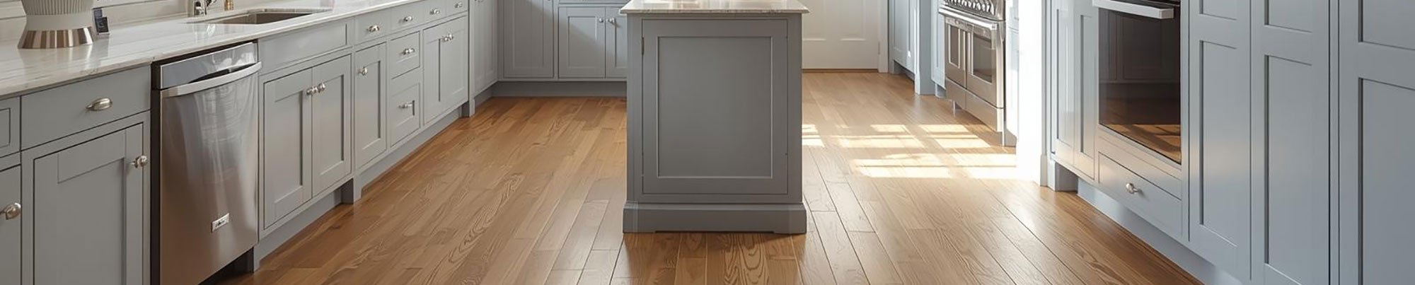 Golden hardwood flooring in a brightly lit kitchen