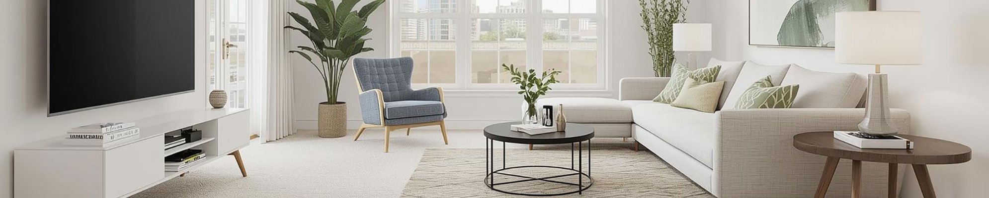 An image of a bright, modern living room with neutral coloured carpet