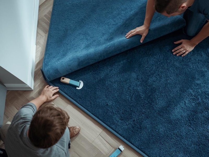 Two professionals installing carpet in a room