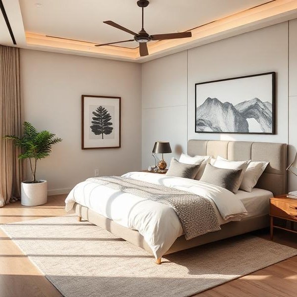 A neutral area rug underneath a bed in a bright, modern bedroom