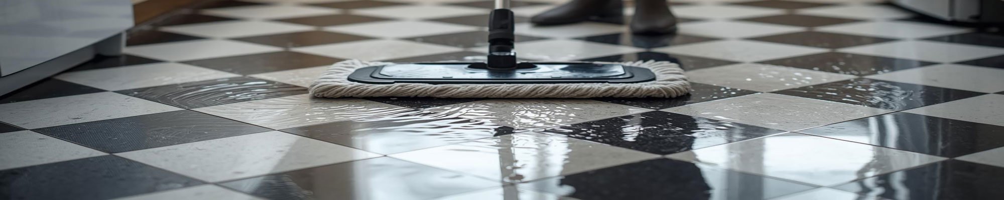 Up close image of a wet mop on a tile floor