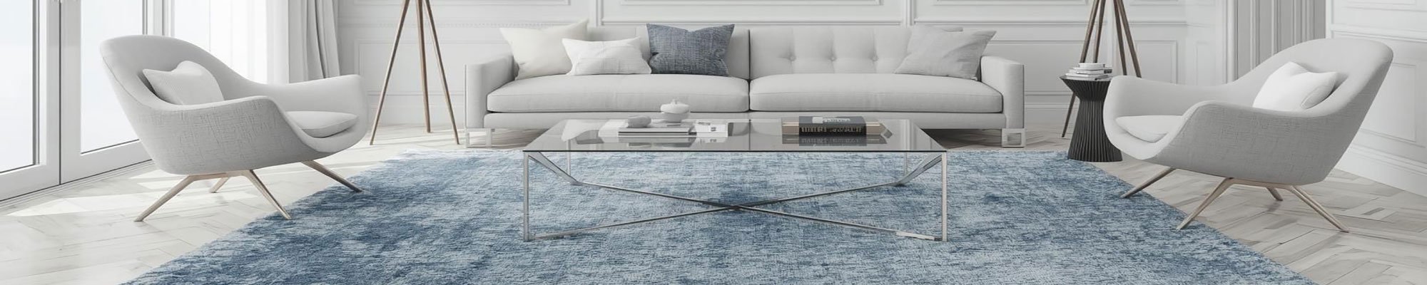 A front on image of a modern, white living space with a blue area rug